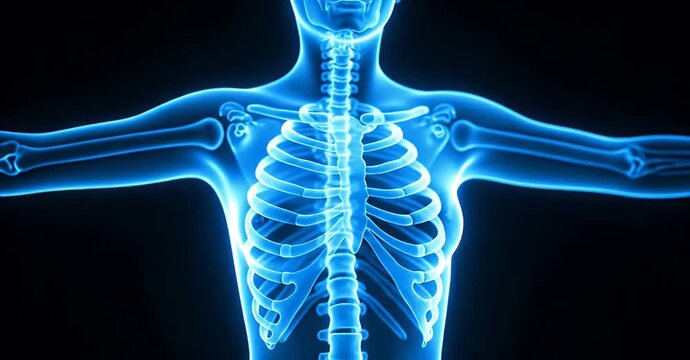 Human skeleton X-ray view with arms outstretched.