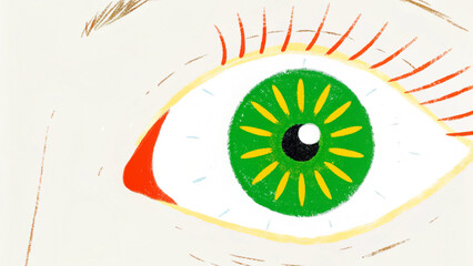Obraz na płótnie Canvas Expressive artwork featuring a captivating green eye with radiant yellow bursts of color