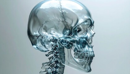 A translucent, detailed 3D model of a human skull and neck