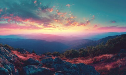 Mountain vista at sunset.  Colorful, dramatic sky over a range of hills.  Rocky terrain with hints of vegetation