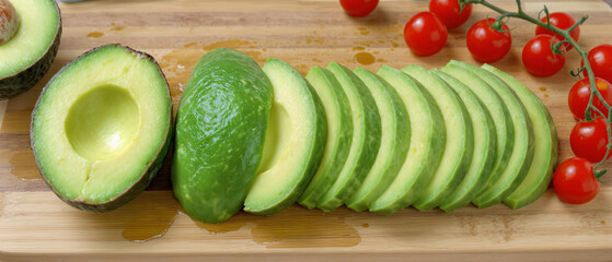 Sliced Avocados and Cherry Tomatoes on Cutting Board