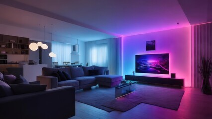 Modern Living Room with Ambient LED Lighting and Large Sectional Sofa