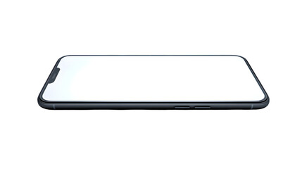 Sleek dark grey smartphone with a blank white screen and notch lying in a low-angle perspective view.
