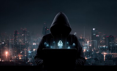 A hooded figure, silhouetted against a cityscape at night, appears to be engaged in digital activity. Overlayed on the figure is a graphic of a lock icon