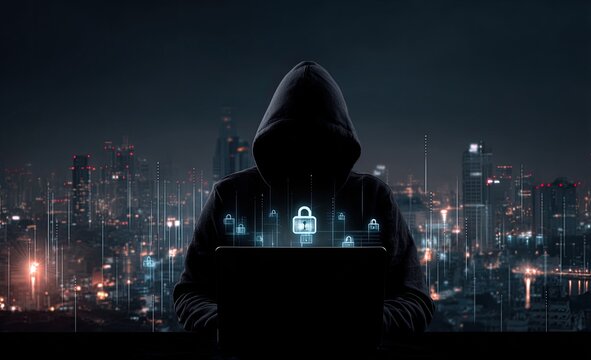 A hooded figure, silhouetted against a cityscape at night, appears to be engaged in digital activity.  Overlayed on the figure is a graphic of a lock icon