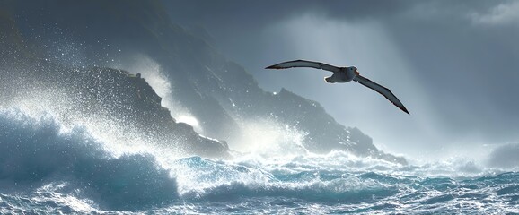 wandering albatross riding ocean updrafts near stormy cliffs