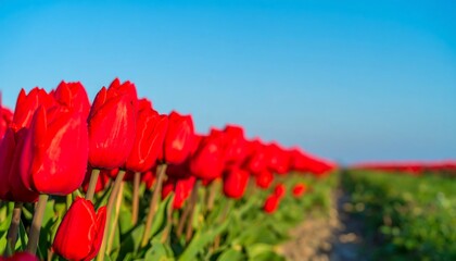 Vibrant red tulips in a field against a clear sky