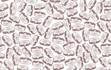 Seamless pattern of hot dogs with sesame seed buns, lettuce, and filling. Hand-drawn food background design in simple line art style, perfect for fast food themes, restaurant decoration and packaging.