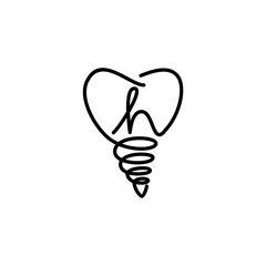 Minimalist line art logo featuring the letter "H" inside a tooth shape with a dental implant base, symbolizing modern dentistry and implant care.