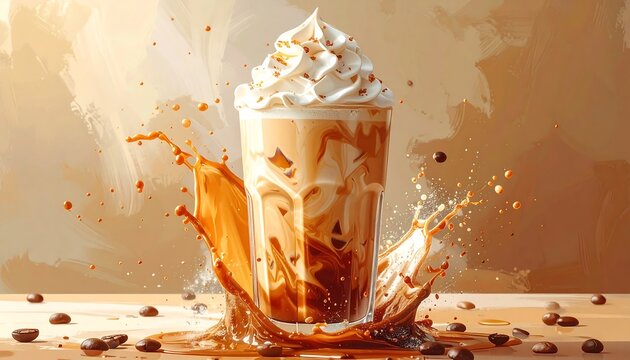 Iced coffee drink with whipped cream splash