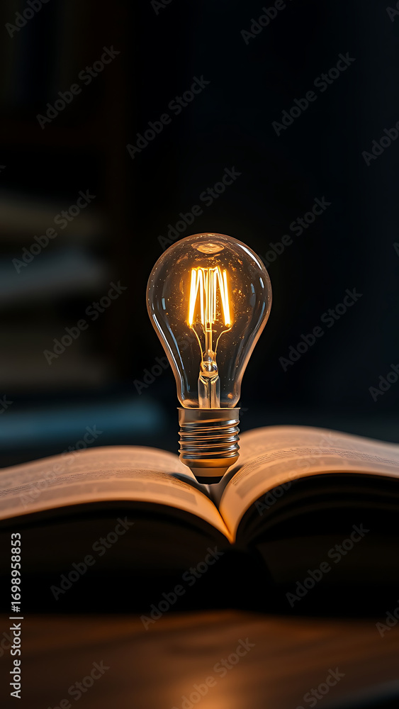 Poster light bulb glowing on book idea of inspiration from reading innovation idea concept self-learning ve