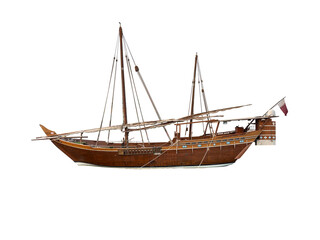 A meticulously detailed studio shot of a traditional Qatari dhow, showcasing its rich, dark wood, intricate carvings, billowing sails, and the Qatari flag proudly displayed