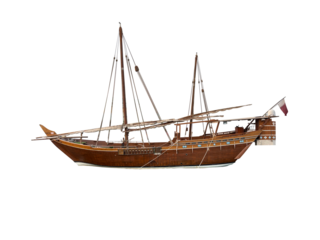A meticulously detailed studio shot of a traditional Qatari dhow, showcasing its rich, dark wood, intricate carvings, billowing sails, and the Qatari flag proudly displayed