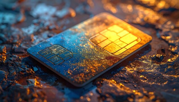 A metallic sim card rests on a textured surface, highlighted by warm golden light, showcasing intricate detail and a vibrant color palette.
