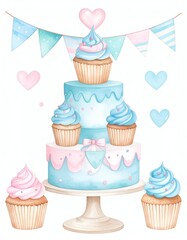 Watercolor illustration of a three tiered cake decorated with cupcakes, bunting, and hearts. Pastel blue and pink color scheme