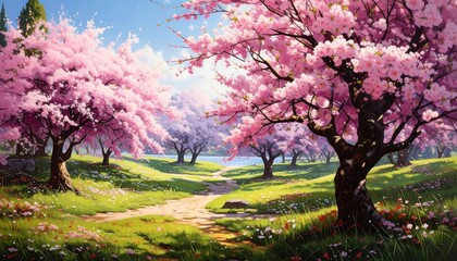 Fototapeta premium A picturesque spring landscape displays vibrant cherry blossoms against a serene meadow and a gentle path leading to a tranquil lake.