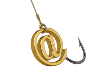 Email symbol on fishing hook concept of phishing attack or internet scam with golden metallic at sign hanging on sharp hook isolated on transparency background