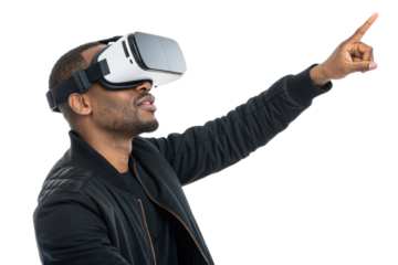 Man wearing virtual reality headset pointing finger forward with excitement and curiosity