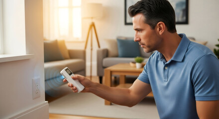 Fototapeta premium Man holding a pest repeller gadget. Ultrasonic insect repellent device emitting waves. Home pest control technology and protection concept.