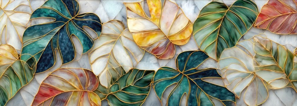 Detailed close-up of stained glass-style tropical leaves.  Colorful, vibrant botanical design.  Gold outlines define the intricate leaf shapes against a marble-like background