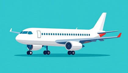 Obraz premium A stylized illustration of a modern passenger jet, positioned on the ground, with clean, simple lines and vibrant teal background.