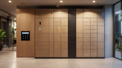 Modern Wooden Parcel Lockers with Digital Interface in a Bright Lobby