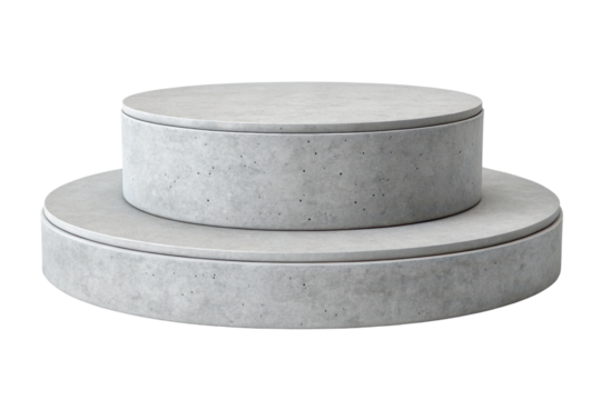 Concrete round podium with two levels isolated on transparency background, modern minimalist design for display or presentation, smooth surface with subtle texture and neutral gray color