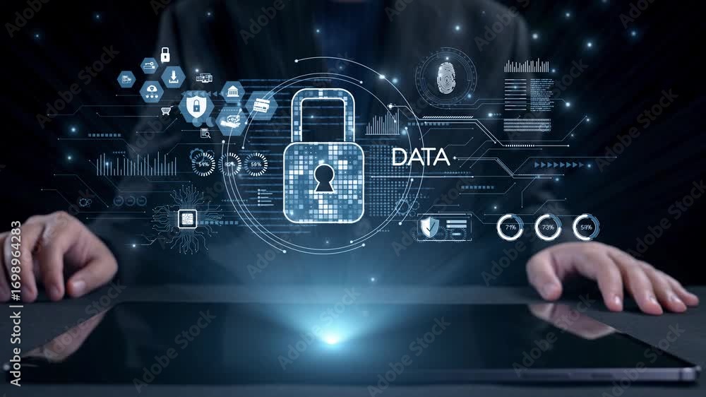 Poster a visual representation of data security showcasing a digital lock and hands on a tablet, symbolizin