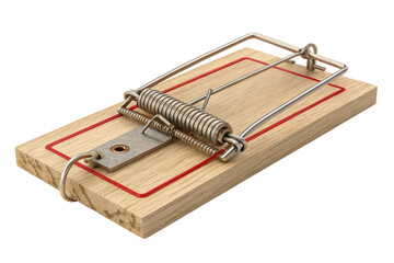 Wooden mousetrap with metal spring and trigger mechanism isolated on transparency background, classic pest control device ready to catch rodents, simple and effective design for home use