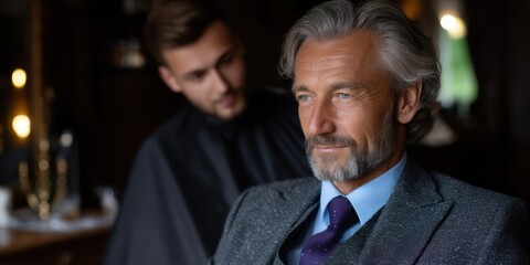 Professional barber styling a distinguished man’s hair in a sophisticated salon setting during the daytime