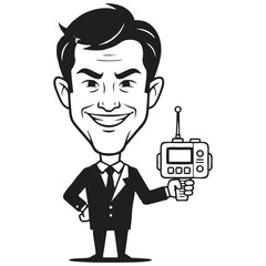 Smiling man in suit holding a remote control.