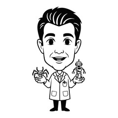 Smiling scientist holding robot and spider.
