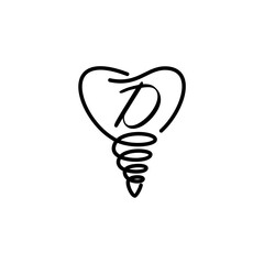 Minimalist line art logo featuring the letter "D" inside a tooth shape with a dental implant base, symbolizing modern dentistry and implant care.