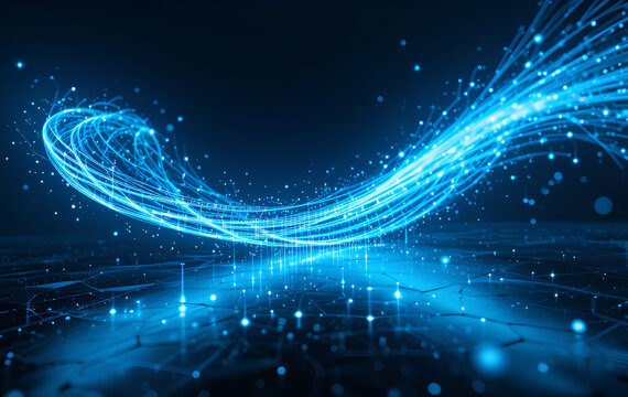 Digital AI Communication Stream in Blue Optical Fiber Light Trails