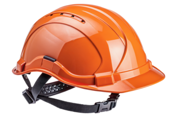Orange construction helmet with adjustable black strap, safety gear for industrial work, durable plastic material, protective headwear for building sites