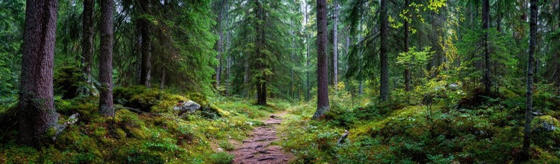 Fototapeta premium Lush forest path, dense trees, moss-covered ground