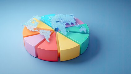 A colorful pie chart, with a translucent world map overlaid, rests on a light blue surface