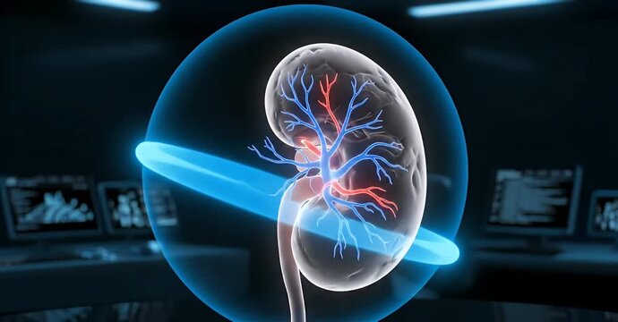 3D rendering of a kidney with blood vessels.