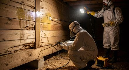 Pest control worker spraying insecticide on wooden foundation. Man exterminator battling termites in house basement. Prevention management with professional equipment.