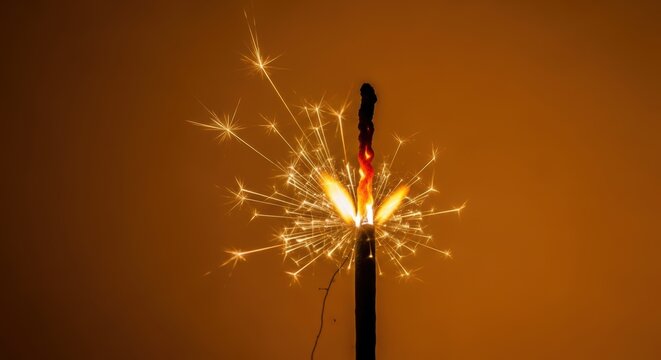 Sparkler igniting with vibrant golden sparks against orange background