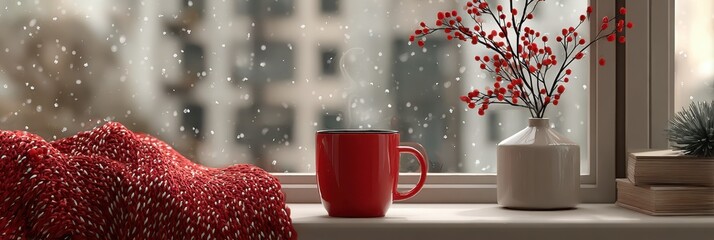 Cozy winter window view with a red mug, a warm blanket, and festive decorations