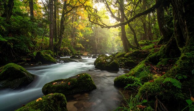 Sunlight streams through a misty forest stream