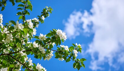 Obraz premium Blooming apple tree branches against a vibrant blue sky with puffy white clouds