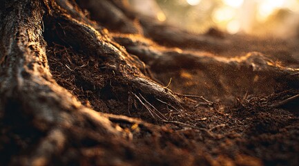 Close-up of gnarled tree roots emerging from dark soil, bathed in warm sunlight
