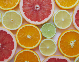 Fototapeta premium Top-down shot of sliced citrus fruits, including oranges, lemons, limes, and grapefruits.