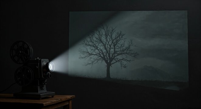 A vintage film projector casts a bright beam onto a dark wall, displaying a stark, leafless tree against a misty, mountainous, and cloudy landscape. - Powered by Adobe