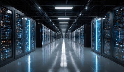 Dark server room corridor, illuminated by blue lights