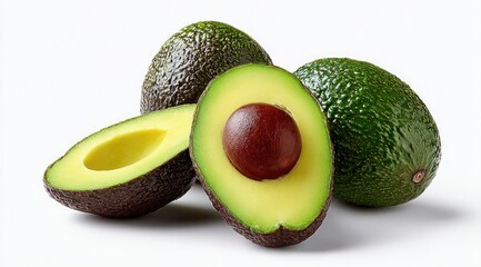 Three avocados, two halved, on white background