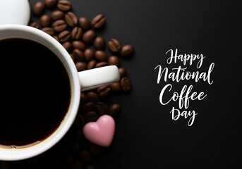 Happy national coffee day with coffee beans and a heart shaped treat
