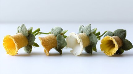 Macro study of mandragora flowers featuring small greenish-yellow petals on clean white background with soft light and minimalist botanical style
